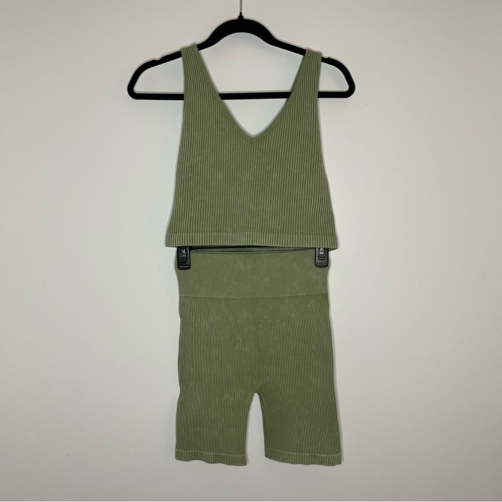 Aura Green Ribbed Tank and Shorts Set